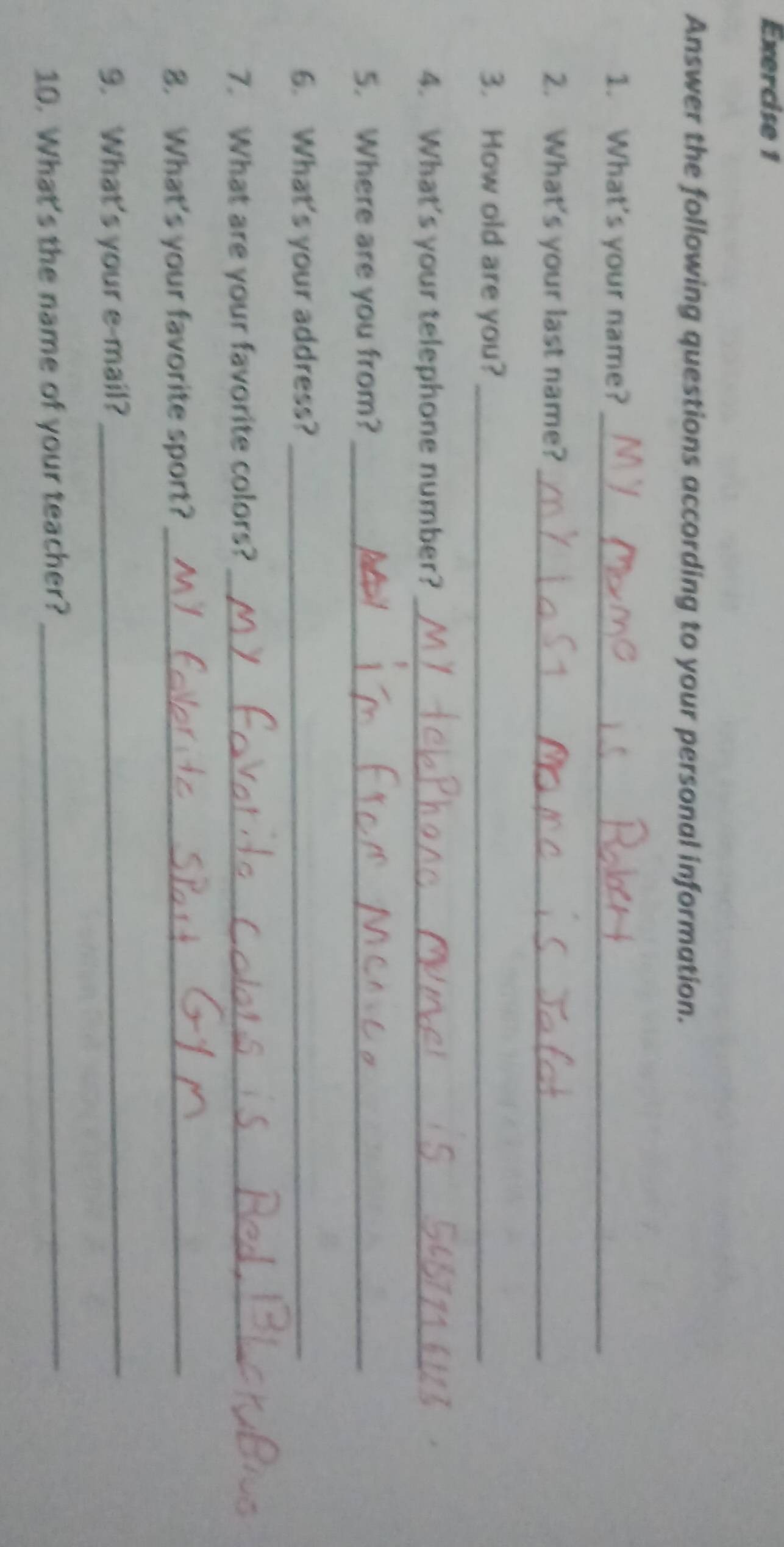 Answer the following questions according to your personal information. 
1. What's your name?_ 
2. What's your last name?_ 
3. How old are you?_ 
4. What's your telephone number?_ 
5. Where are you from?_ 
6. What's your address?_ 
7. What are your favorite colors?_ 
8. What's your favorite sport?_ 
9. What's your e-mail?_ 
10. What's the name of your teacher?_