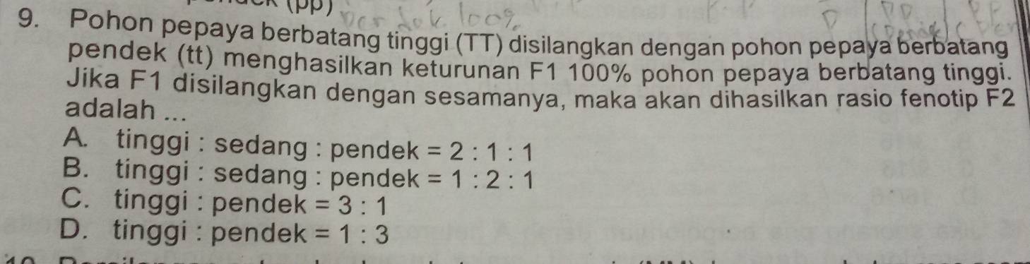 Pohon pepaya berbatang tinggi (TT) disilangkan dengan pohon pepaya berbatang
pendek (tt) menghasilkan keturunan F1 100% pohon pepaya berbatang tinggi.
Jika F1 disilangkan dengan sesamanya, maka akan dihasilkan rasio fenotip F2
adalah ...
A. tinggi : sedang : pende k=2:1:1
B. tinggi : sedang : pendek =1:2:1
C. tinggi : pendek =3:1
D. tinggi : pendek =1:3