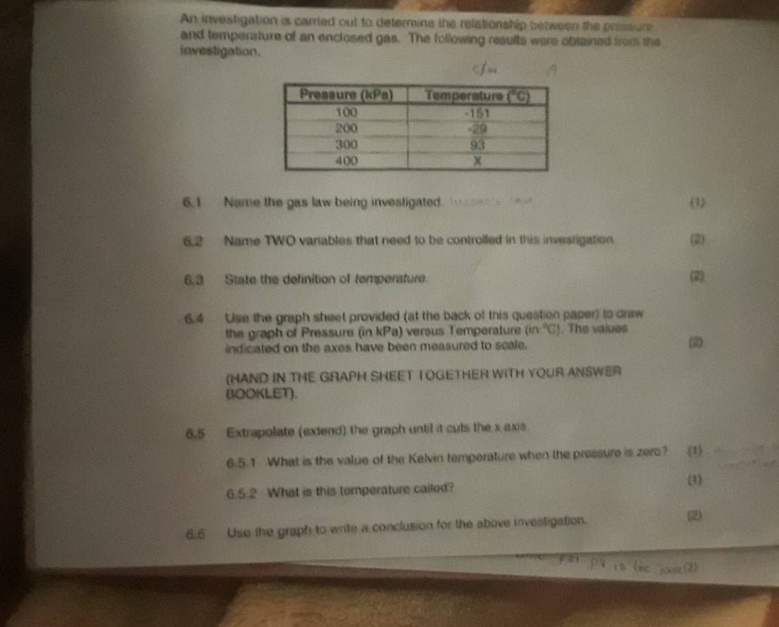 An investigation is carried out to determine the relationship between the pressure
and temperature of an enclosed gas. The following results were obtained from the
investigation.
6.1 Name the gas law being investigated     '  (1)
6.2 Name TWO variables that need to be controlled in this invesrigation. (2)
6.3 State the definition of temperature. (2)
6.4 Use the graph sheet provided (at the back of this question paper) to draw
the graph of Pressure (in kPa) versus Temperature (in°C). The values
indicated on the axes have been measured to scale. (2)
(HAND IN THE GRAPH SHEET TOGETHER WITH YOUR ANSWER
BOOKLET).
6.5 Extrapolate (extend) the graph until it cuts the x axis
6.5.1 What is the value of the Kelvin temperature when the pressure is zerc? (1)
(1)
6.5.2 What is this temperature cailed?
6.6 Use the graph to write a conclusion for the above investigation. (2)