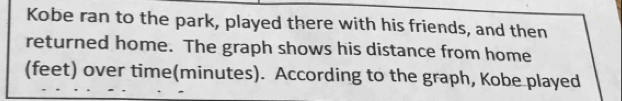 Kobe ran to the park, played there with his friends, and then 
returned home. The graph shows his distance from home 
(feet) over time(minutes). According to the graph, Kobe played