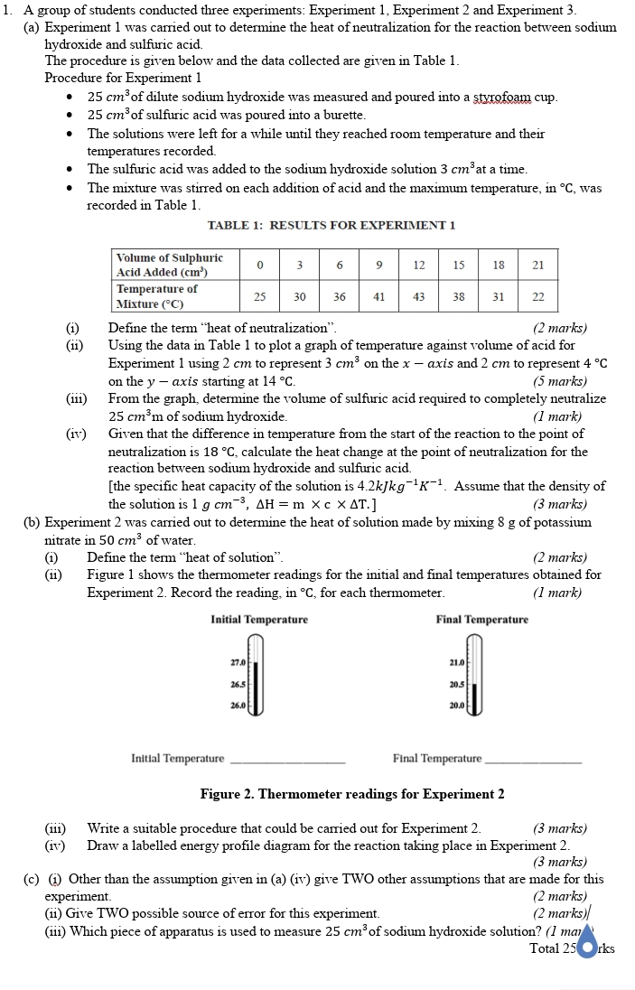 A group of students conducted three experiments: Experiment 1, Experiment 2 and Experiment 3.
(a) Experiment 1 was carried out to determine the heat of neutralization for the reaction between sodium
hydroxide and sulfuric acid.
The procedure is given below and the data collected are given in Table 1.
Procedure for Experiment 1
25cm^3 of dilute sodium hydroxide was measured and poured into a styrofoam cup.
25cm^3 of sulfuric acid was poured into a burette.
The solutions were left for a while until they reached room temperature and their
temperatures recorded.
The sulfuric acid was added to the sodium hydroxide solution 3cm^3 at a time.
The mixture was stirred on each addition of acid and the maximum temperature, in °C, was
recorded in Table 1.
TABLE 1: RESULTS FOR EXPERIMENT 1
(i) Define the term “heat of neutralization”. (2 marks)
(ii) Using the data in Table 1 to plot a graph of temperature against volume of acid for
Experiment 1 using 2 cm to represent 3cm^3 on the x - axis and 2 cm to represent 4°C
on the y - axis starting at 14°C. (5 marks)
(iii) From the graph, determine the volume of sulfuric acid required to completely neutralize
25cm^3 m of sodium hydroxide. (1 mark)
(iv) Given that the difference in temperature from the start of the reaction to the point of
neutralization is 18°C , calculate the heat change at the point of neutralization for the
reaction between sodium hydroxide and sulfuric acid.
[the specific heat capacity of the solution is 4.2kJkg^(-1)K^(-1). Assume that the density of
the solution is 1gcm^(-3),△ H=m* c* △ T.] (3 marks)
(b) Experiment 2 was carried out to determine the heat of solution made by mixing 8 g of potassium
nitrate in 50cm^3 of water.
(i) Define the term “heat of solution”. (2 marks)
(ii) Figure 1 shows the thermometer readings for the initial and final temperatures obtained for
Experiment 2. Record the reading, in °C, for each thermometer. (1 mark)
Initial Temperature Final Temperature
27.0 21.0
26.5 20.5
26.0 20.0
Initial Temperature _Final Temperature_
Figure 2. Thermometer readings for Experiment 2
(iii) Write a suitable procedure that could be carried out for Experiment 2. (3 marks)
(iv) Draw a labelled energy profile diagram for the reaction taking place in Experiment 2.
(3 marks)
(c) (i) Other than the assumption given in (a) (iv) give TWO other assumptions that are made for this
experiment. (2 marks)
(ii) Give TWO possible source of error for this experiment. (2 marks)|
(iii) Which piece of apparatus is used to measure 25cm^3 of sodium hydroxide solution? (1 mar
Total 25 Orks