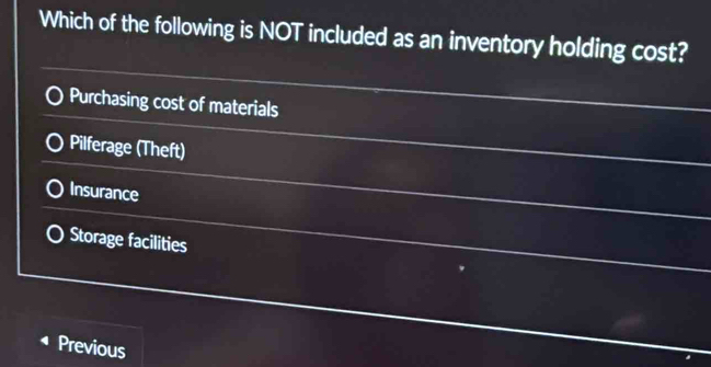 Solved: Which of the following is NOT included as an inventory holding ...
