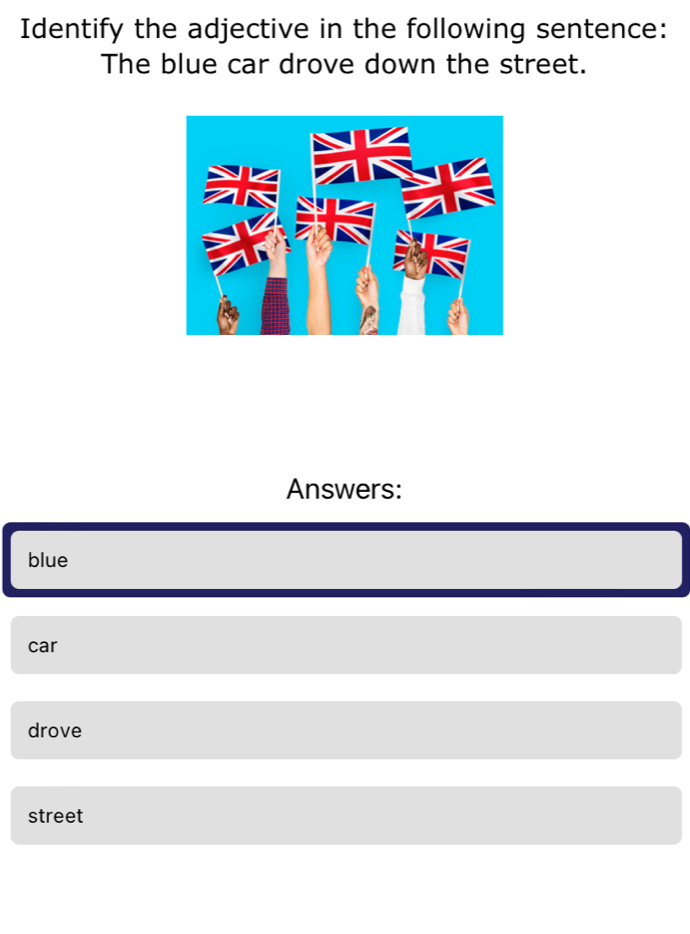 Identify the adjective in the following sentence:
The blue car drove down the street.
Answers:
blue
car
drove
street