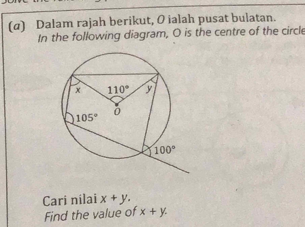 (α) Dalam rajah berikut, O ialah pusat bulatan.
In the following diagram, O is the centre of the circle
Cari nilai x+y.
Find the value of x+y.