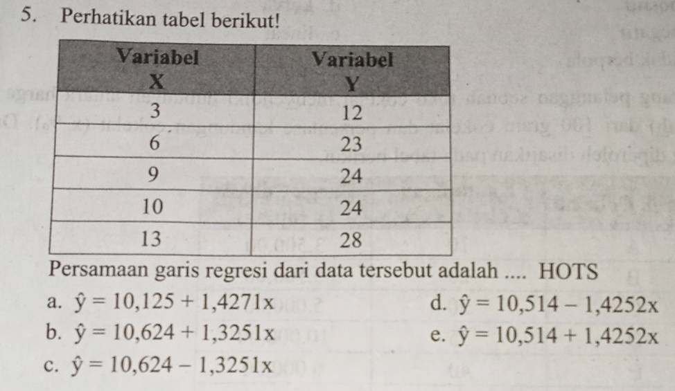 Perhatikan tabel berikut!
Persamaan garis regresi dari data tersebut adalah .... HOTS
a. hat y=10,125+1,4271x d. hat y=10,514-1,4252x
b. hat y=10,624+1,3251x e. hat y=10,514+1,4252x
c. hat y=10,624-1,3251x