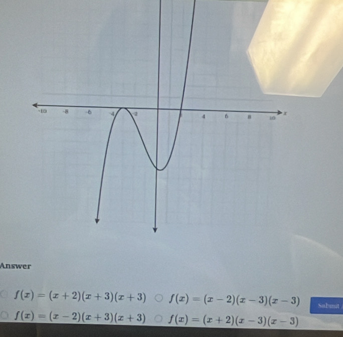 Answer
f(x)=(x+2)(x+3)(x+3) f(x)=(x-2)(x-3)(x-3) Subsnt
f(x)=(x-2)(x+3)(x+3) f(x)=(x+2)(x-3)(x-3)