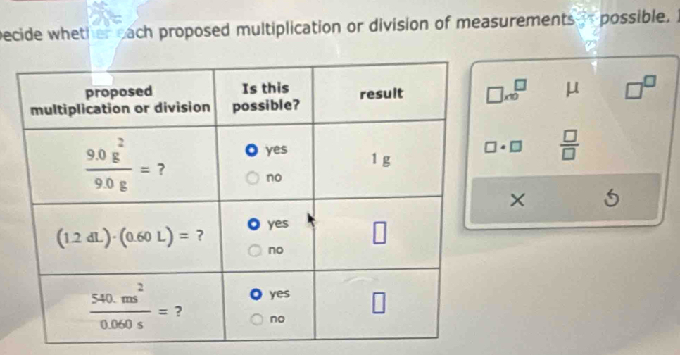 pecide whether each proposed multiplication or division of measurements is possible.
□ * 10^(□ μ □ ^□)
□ · □  □ /□  
×