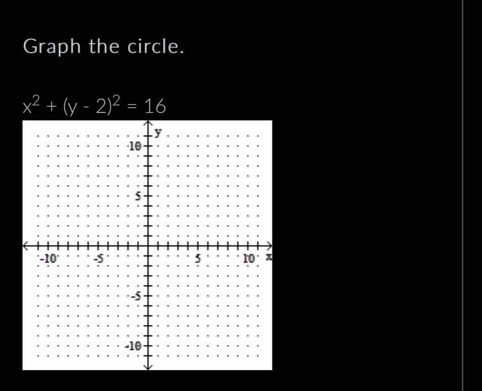 Graph the circle.
x^2+(y-2)^2=16