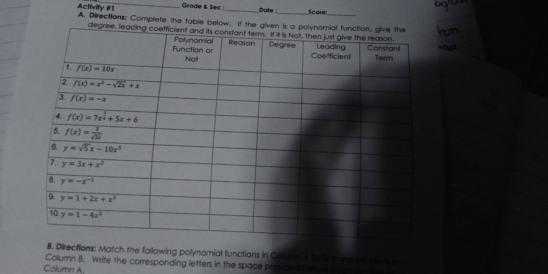 Activity #1
Grade & Sec :_ Date :_
Score:
A. Directions: Complete the table below. If th
ons: Match the following polynomial functions in Column A to its standard forms in
Column B. Write the corresponding letters in the space provided before each nymber in
Column A.