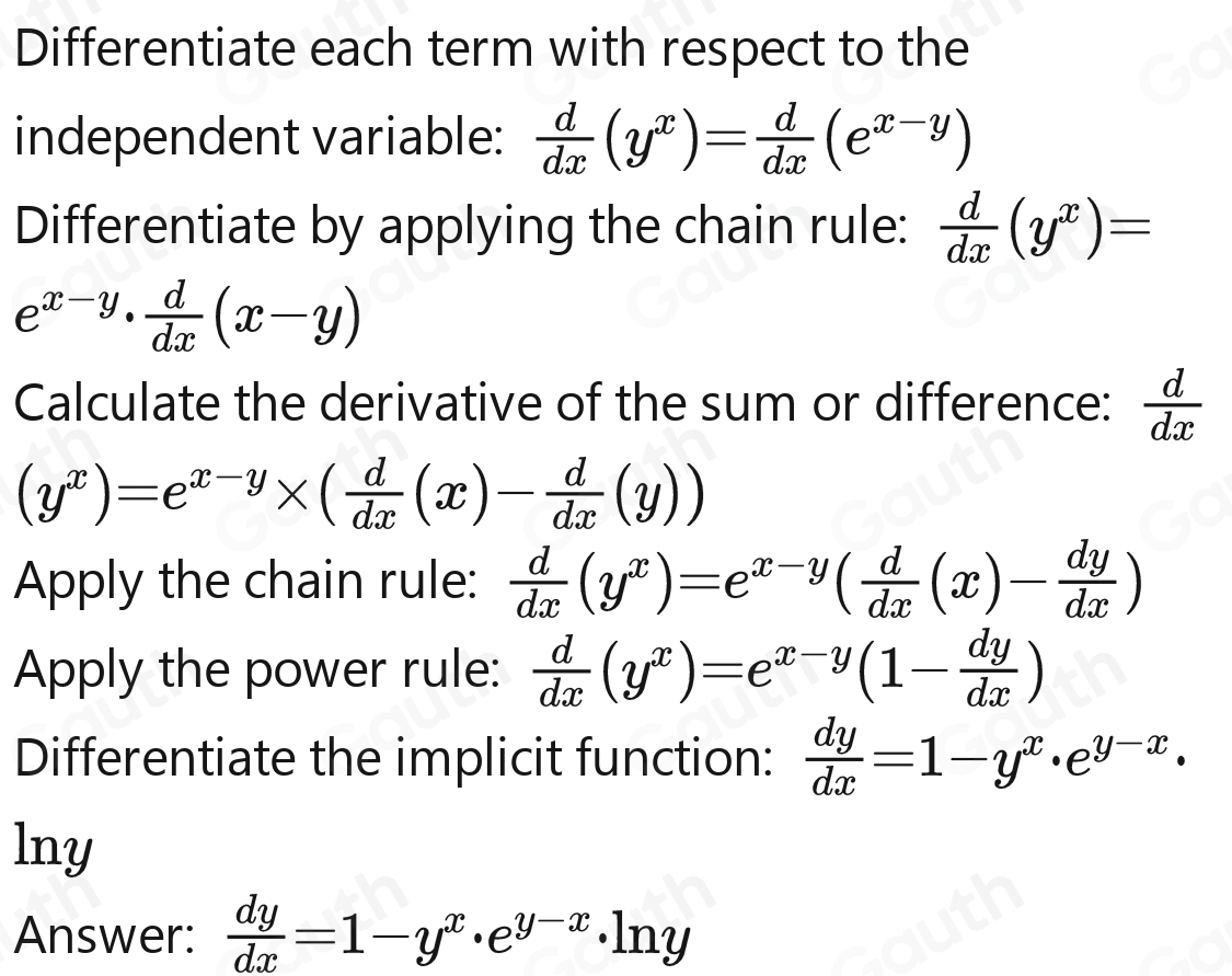 Solved: Find dy/dx of the equation y^x=e^((x-y)) [Calculus]