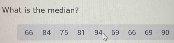 What is the median?
66 84 75 81 94 69 66 69 90