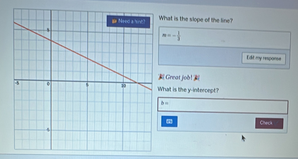 What is the slope of the line?
m=- 1/3 
Edit my response 
Great job! 
hat is the y-intercept?
b=
Check