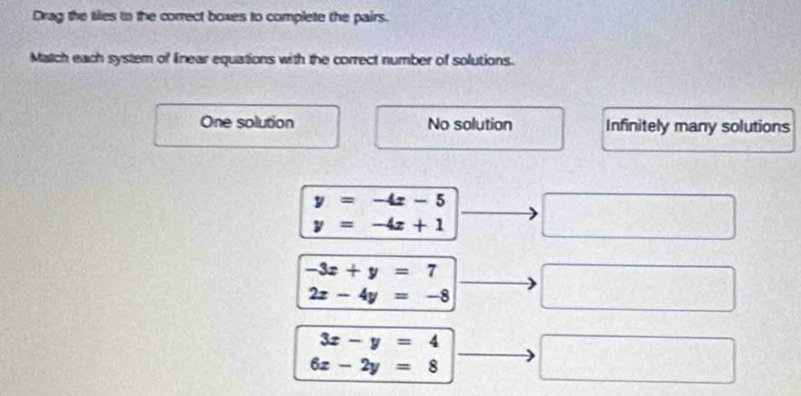 Drag the tiles to the correct boxes to complete the pairs.
Match each system of linear equations with the correct number of solutions.
One solution No solution Infinitely many solutions
y=-4x-5
y=-4x+1
-3x+y=7
2x-4y=-8
3x-y=4
6x-2y=8