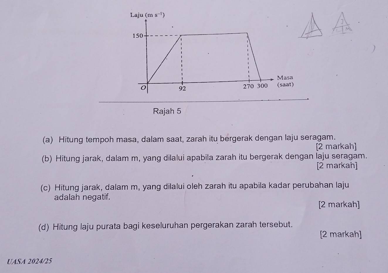 )
Rajah 5
(a) Hitung tempoh masa, dalam saat, zarah itu bergerak dengan laju seragam.
[2 markah]
(b) Hitung jarak, dalam m, yang dilalui apabila zarah itu bergerak dengan laju seragam.
[2 markah]
(c) Hitung jarak, dalam m, yang dilalui oleh zarah itu apabila kadar perubahan laju
adalah negatif.
[2 markah]
(d) Hitung laju purata bagi keseluruhan pergerakan zarah tersebut.
[2 markah]
UASA 2024/25