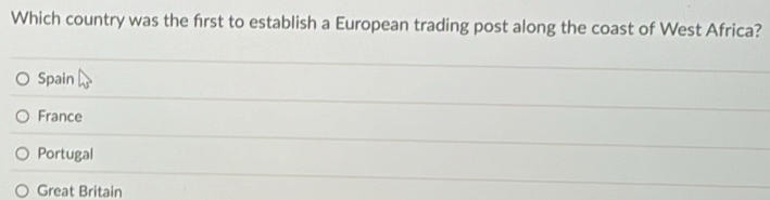 Which country was the frst to establish a European trading post along the coast of West Africa?
Spain
France
Portugal
Great Britain