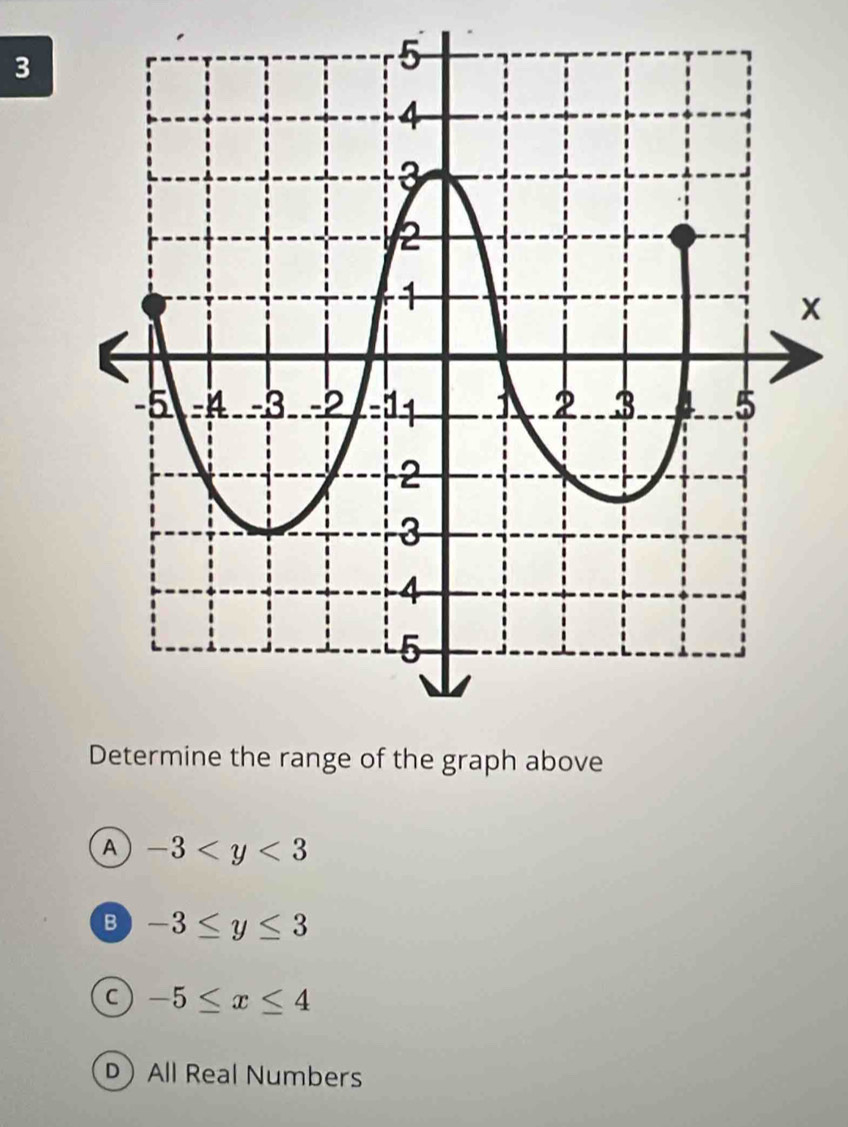 3
x
A -3
B -3≤ y≤ 3
a -5≤ x≤ 4
DAll Real Numbers