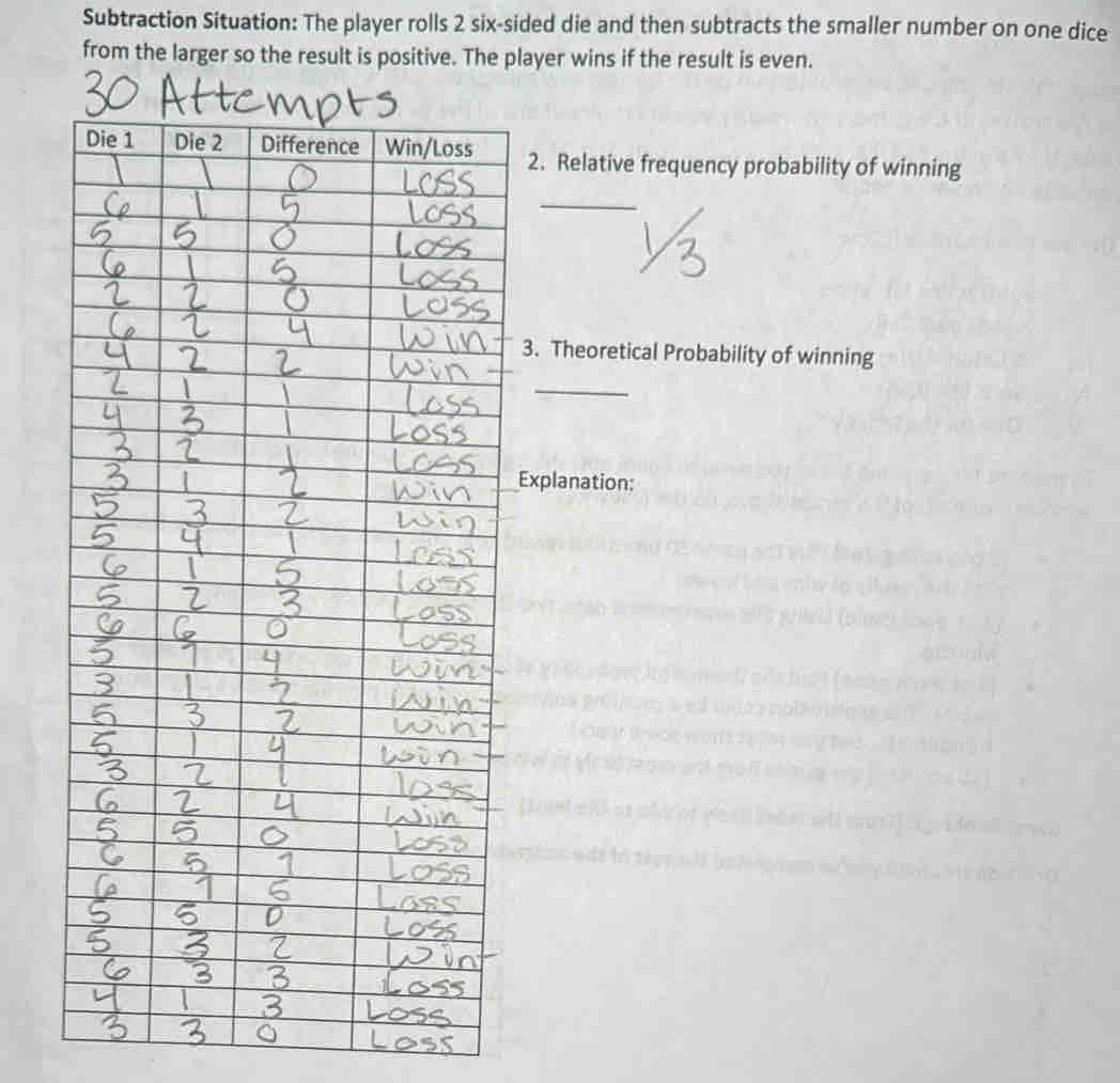 Subtraction Situation: The player rolls 2 six-sided die and then subtracts the smaller number on one dice 
from the larger so the result is positive. The player wins if the result is even. 
2. Relative frequency probability of winning 
_ 
3. Theoretical Probability of winning 
_ 
Explanation: