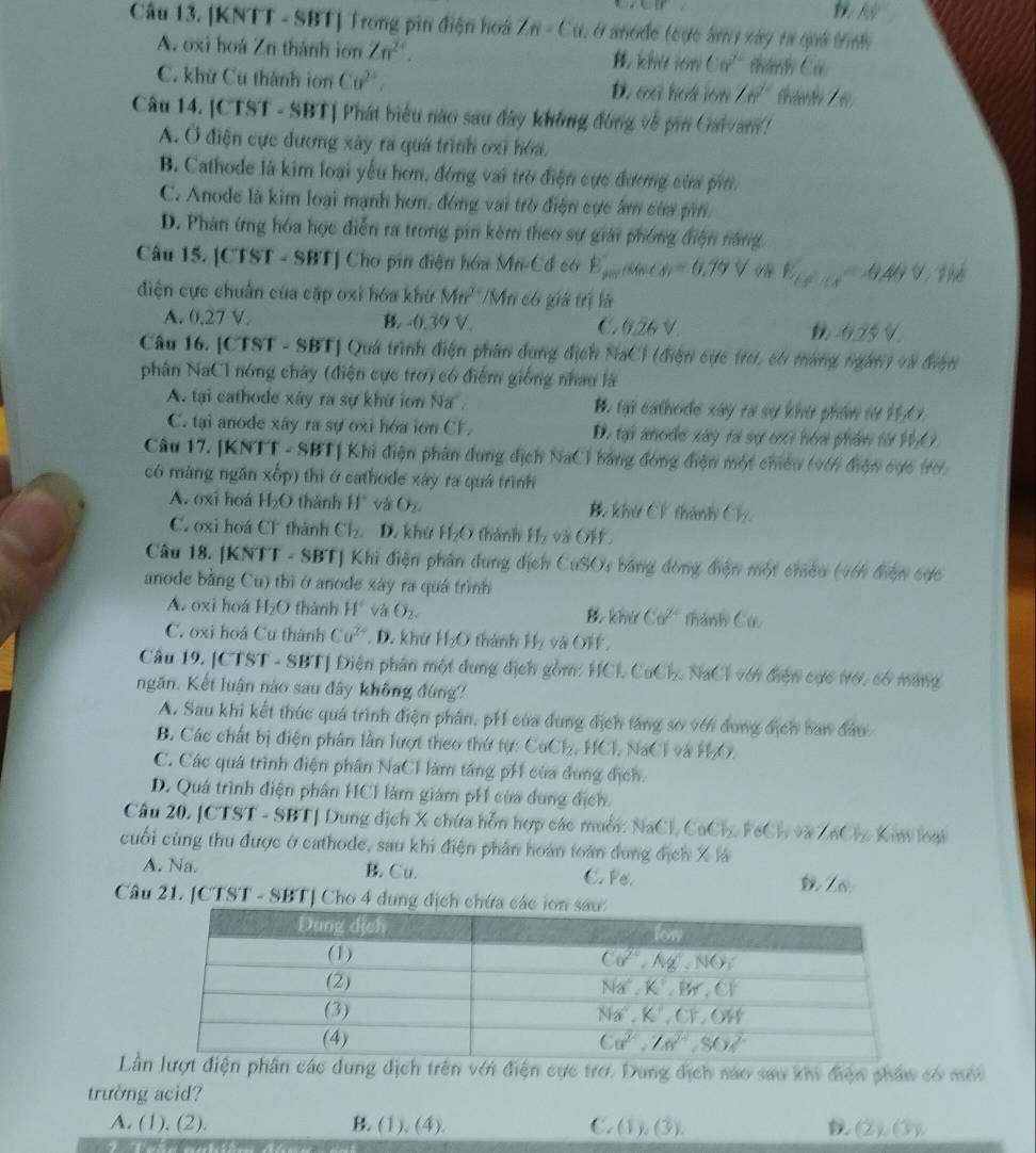 AF
Câu 13. [KNTT - SBT] Trong pin điện hoá ∠ n-Cu , o anode (egc âm  xây hà quả tn
A. oxi hoá Zn thành ion Zn^(24). kht ion Co^2 thành Cá
C. khử Cu thành ion Cu^(2+), D. oi hoá iớn ∠ 6^2 t t    
Câu 14. [CTST - SBT] Phát biểu nào sau đây không đùng về pin Clvam!
A. Ở điện cực dương xây ra quá trình oxi hóa.
B. Cathode là kim loại yếu hơn, đóng vai trờ điện cực đương của pi
C. Anode là kim loại mạnh hơn, đóng vai trò điện cực âm của pn
D. Phân ứng hóa học diễn ra trong pin kêm theo sự giải phóng điện năng
Câu 15. |CTST-SBT| Cho pin điện hóa Mn-Cđ có 1 E_pmcos cx=0.79V o8 E_kFCl=0.40V.The
điện cực chuẩn của cập oxi hóa khử Mn^2 /Mr có giả trị là
A. 0,27 V. B. 0.39V C 26V 0.25V
Câu 16. [C 1 ST - SBTJ Quá trình điện phân dụng địch NaC) (điện cực trư, có máng ngàn) và điện
phân NaCl nóng chây (điện cực trơ) có điểm giống nhau là
A. tại cathode xây ra sự khứ ion Na° B. tại cathode xây ra sự khi phẩn từ 107
C. tại anode xây ra sự oxì hóa ion CF. D. tại anode xây ra sự ci hóa phần từ 60° 2 
Câu 17. |KNTT - SBT| Khi điện phân dụng dịch NaC) bằng đóng điện một chiêu (9ớ1 điện cực 10)
có màng ngăn xốp) thì ở cathode xây ra quá trình
A. oxi hoá H_2O thành Hồ và O₂ B khư CK thành Cl_2
C. oxi hoá Cl thành Cl_2. D. khứ H_2O thành H_2 và OF.
Câu 18. [KNTT - SBT] Khi điện phân dụng địch CuSO4 bảng đòng điện một chiếu (9ớ) điện cực
anode bằng Cu) thì ở anode xáy ra quá trình
A. oxi hoá H_2O thành H° O_2. Bí khú Co^(2+) thành Cức
C. oxi hoá Cu thành Cu^(2+). D. khử H_2O thành H_2 và Of,
Câu 19. [CTST - SBT] Điện phân một dung dịch g ồm |C|,C_6C|_2 : NaCT với điện cực trơ, có máng
ngăn. Kết luận nào sau đây không đứng
A. Sau khi kết thúc quá trình điện phân, pH của dung địch tăng sơ với dụng địch ban đầu
B. Các chất bị điện phân lần lượt theo thứ tự: CuCl, HCl. NaCl và H₂O.
C. Các quá trình điện phân NaCl làm táng pH của dung địch.
D. Quá trình điện phân HCI làm giám pH của dùng địch.
Câu 20. [CTST - SBT] Dung địch X chứa hỗn hợp các muối: N NaCl,CaCl_2,FeCl_3vaZnCl_2 Kim loại
cuối cùng thu được ở cathode, sau khi điện phân hoán toàn dung địch X là
A. Na. B. Cu. C. Pe. D,∠ 6
Câu 21. [CTST - SBT] Cho 4 dung dịch chứa c
Lện phân các dung dịch trên với điện cực trơ. Dung địch nào sau khi điện phẩn có môi
trường acid?
A. (1), (2). B. (1). (4). C. (1),(3), (2),(3),