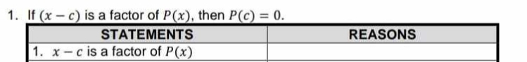 If (x-c) is a factor of _ P(x) , then P(c)=0.