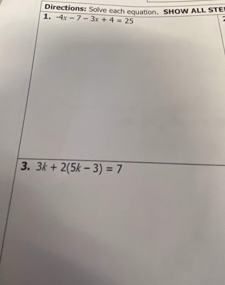 Directions: Solve each equation. SHOW ALL STE