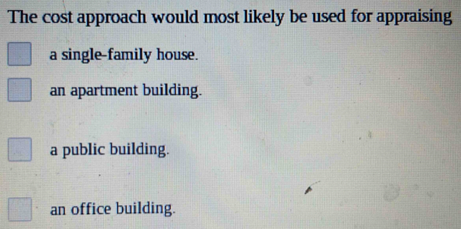 The cost approach would most likely be used for appraising
a single-family house.
an apartment building.
a public building.
an office building.