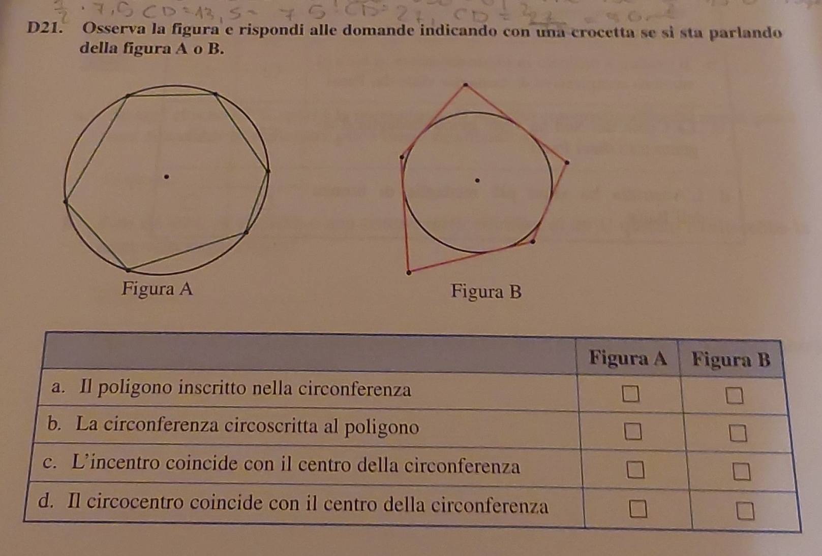 D21. Osserva la figura e rispondi alle domande indicando con una crocetta se si sta parlando 
della figura A o B. 
Figura B