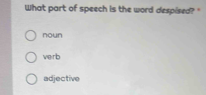 Solved: What part of speech is the word despised? * noun verb adjective ...