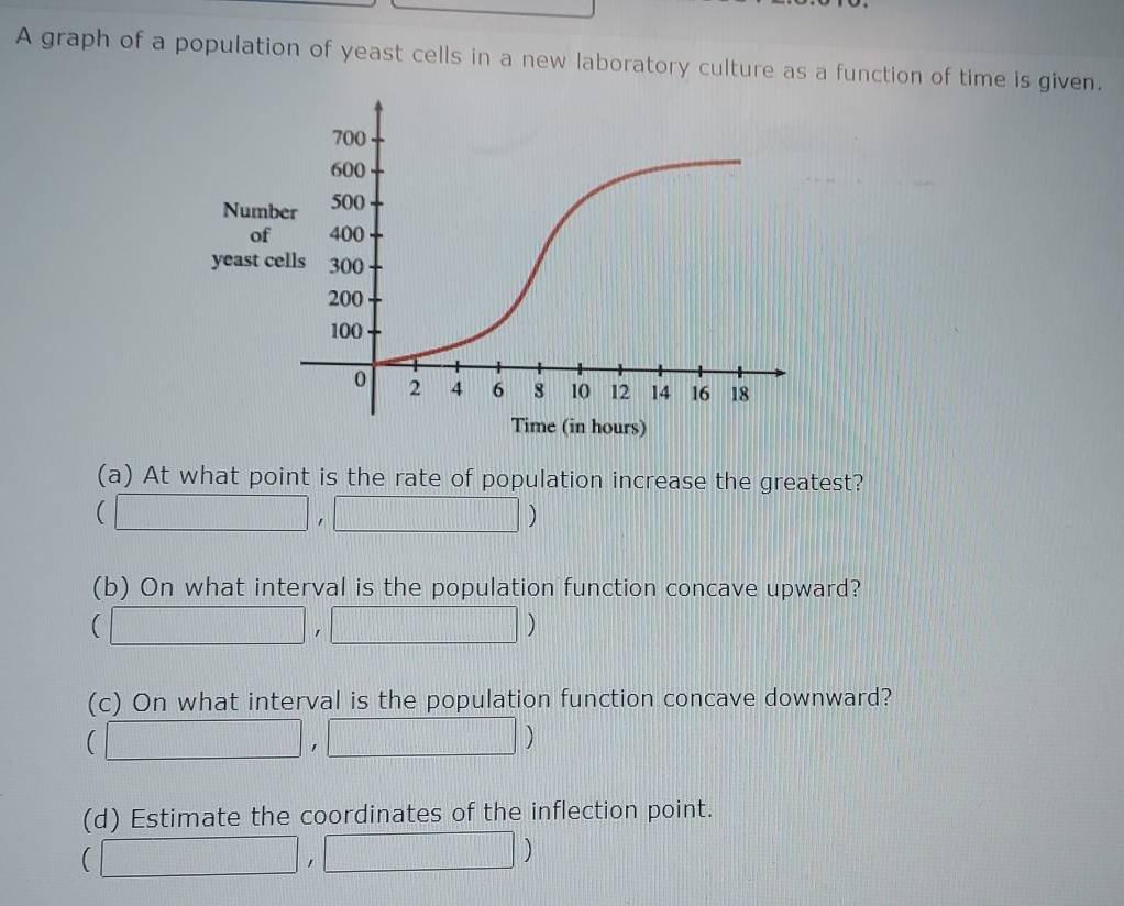 A graph of a population of yeast cells in a new laboratory culture as a function of time is given. 
(a) At what point is the rate of population increase the greatest?
□ , ,□ )
(b) On what interval is the population function concave upward?
(□ ,□ )
(c) On what interval is the population function concave downward?
(□ ,□ )
(d) Estimate the coordinates of the inflection point.
(□ ,□ )