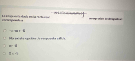 —∞
La respuesta dada en la recta real
corresponda a en expresión de desigualdad
-∈fty -5
No existe opción de respuesta válida.
x≥ -5
X≤ -5