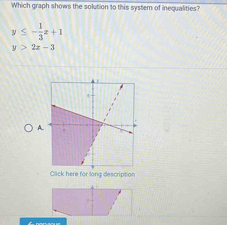 Which graph shows the solution to this system of inequalities?
y≤ - 1/3 x+1
y>2x-3
A.
Click here for long description