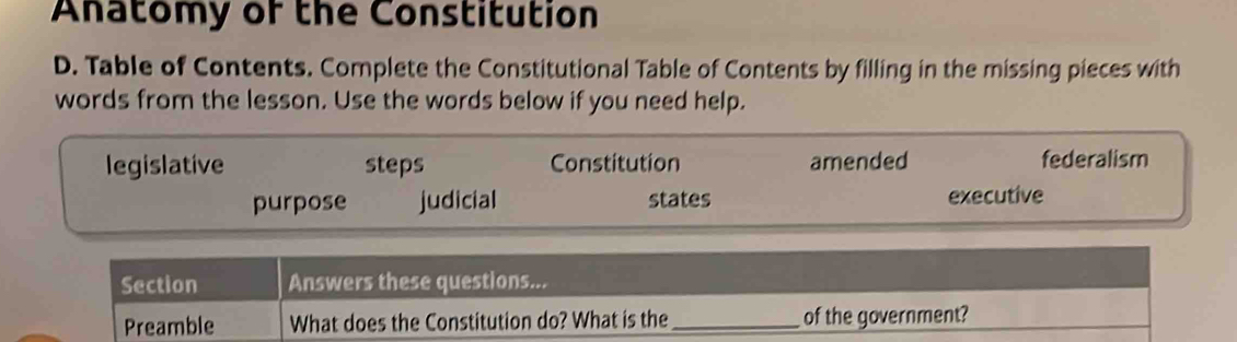 Anatomy of the Constitution 
D. Table of Contents. Complete the Constitutional Table of Contents by filling in the missing pieces with 
words from the lesson. Use the words below if you need help. 
legislative steps Constitution amended federalism 
purpose judicial states executive 
Section Answers these questions... 
Preamble What does the Constitution do? What is the _of the government?