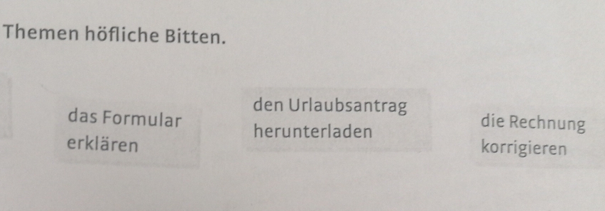 Themen höfliche Bitten. 
den Urlaubsantrag die Rechnung 
das Formular herunterladen 
erklären 
korrigieren