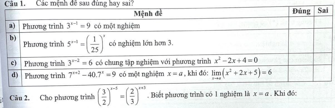 Các mệnh đề sau đúng hay sai?
Câu 2. Cho phương trình ( 3/2 )^x-5=( 2/3 )^x+3. Biết phương trình có 1 nghiệm là x=a. Khi đó: