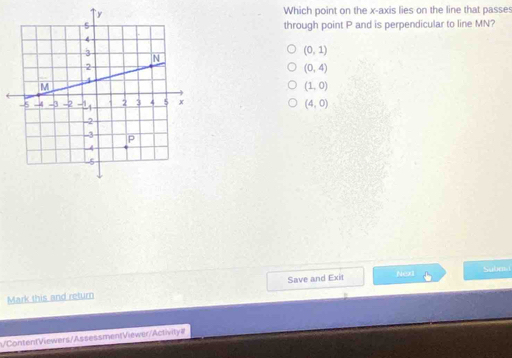 Which point on the x-axis lies on the line that passes
through point P and is perpendicular to line MN?
(0,1)
(0,4)
(1,0)
(4,0)
Mark this and return Save and Exit Next
Subma
/ContentViewers/AssessmentViewer/Activity#