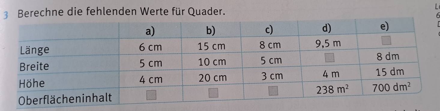 Berechne die fehlenden Werte für Quader.
L
6