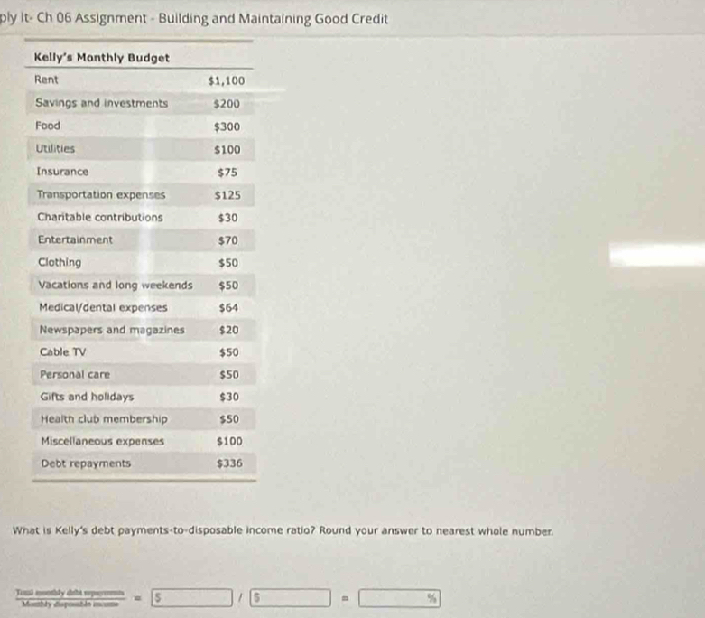 ply It- Ch 06 Assignment - Building and Maintaining Good Credit 
What is Kelly's debt payments-to-disposable income ratio? Round your answer to nearest whole number. 
===Tni membly diibt reper=== | □ 5 □ =□ %
Monby disproshãn mcome