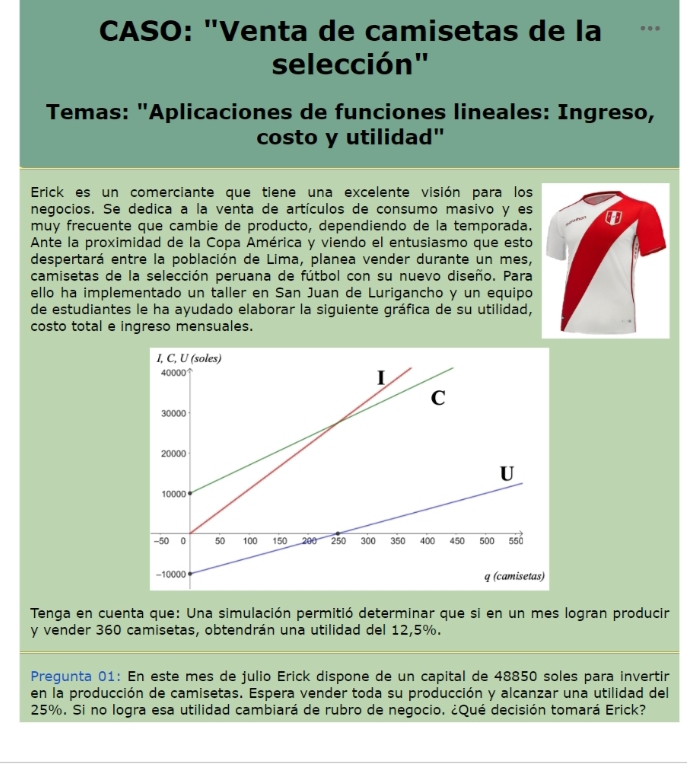 CASO: "Venta de camisetas de la  
selección'
Temas: "Aplicaciones de funciones lineales: Ingreso,
costo y utilidad"
Erick es un comerciante que tiene una excelente visión para los
negocios. Se dedica a la venta de artículos de consumo masivo y es
muy frecuente que cambie de producto, dependiendo de la temporada.
Ante la proximidad de la Copa América y viendo el entusiasmo que esto
despertará entre la población de Lima, planea vender durante un mes,
camisetas de la selección peruana de fútbol con su nuevo diseño. Para
ello ha implementado un taller en San Juan de Lurigancho y un equipo
de estudiantes le ha ayudado elaborar la siguiente gráfica de su utilidad,
costo total e ingreso mensuales.
Tenga en cuenta que: Una simulación permitió determinar que si en un mes logran producir
y vender 360 camisetas, obtendrán una utilidad del 12,5%.
Pregunta 01: En este mes de julio Erick dispone de un capital de 48850 soles para invertir
en la producción de camisetas. Espera vender toda su producción y alcanzar una utilidad del
25%. Si no logra esa utilidad cambiará de rubro de negocio. ¿Qué decisión tomará Erick?