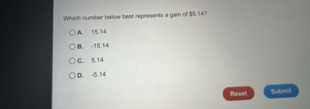 Which number below best represents a gain of $5.14?
A. 15.14
B. -15.14
C. 5.14
D. -5.14
Reset Submit