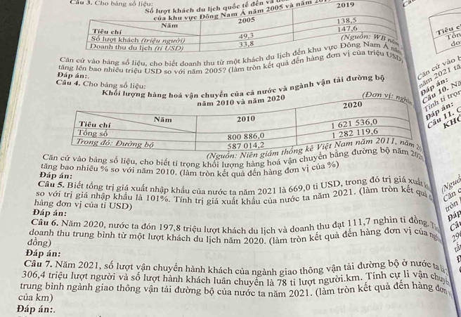 Cầu 3. Cho a
đến và 
ăm 2
Tiêu c
Tổn
do
Cân cử vào bảng số liệu, cho biết doanh thu từ một kh
tăng lên bao nhiều triệu USD so với năm 2005? (làm tròn kết quả đến )
Đáp án:.
Khối lượyển của cả nước và ngành vận tải đường bộ Căn cứ vào I
Câu 4. Cho bảng số liệu:
tăm 2021 tã Đáp án:
10, N
tỉ trọi
u 11. (
án:
KH(
(Nguồn: N
Căn cứ vào bảng số liệu, cho biết tỉ trọng khổi lượng hàng hoá vận chuyển 02
Đáp án: tăng bao nhiêu % so với năm 2010. (làm tròn kết quả đến hàng đơn vị của %)
Câu 5. Biết tổng trị giá xuất nhập khẩu của nước ta năm 2021 là 669,0 tỉ USD, trong đó trị giá xuất
Nguồ
so với trị giá nhập khẩu là 101%. Tính trị giá xuất khẩu của nước ta năm 2021. (làm tròn kết quả Căn c
hàng đơn vị của tỉ USD) tròn 
Đáp án:
Đáp
Cầu 6. Năm 2020, nước ta đón 197,8 triệu lượt khách du lịch và doanh thu đạt 111,7 nghìn tỉ đồng 1 Câ
doanh thu trung bình từ một lượt khách du lịch năm 2020. (làm tròn kết quả đến hàng đơn vị của n 29
đồng)
Đáp án:
1
Câu 7. Năm 2021, số lượt vận chuyển hành khách của ngành giao thông vận tải đường bộ ở nước ta
306,4 triệu lượt người và số lượt hành khách luân chuyển là 78 tỉ lượt người.km. Tính cự li vận chuy
trung bình ngành giao thông vận tài đường bộ của nước ta năm 2021. (làm tròn kết quả đên hàng đ
của km)
Đáp án:.