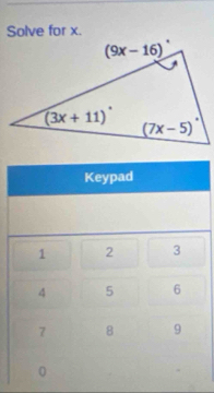 Solve for x.
Keypad
1 2 3
4 5 6
7 8 9
0