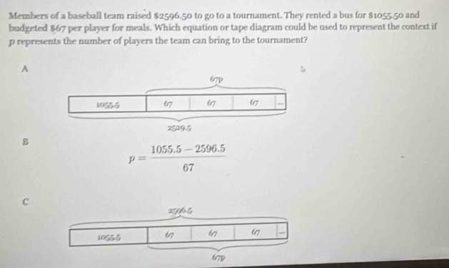 Members of a baseball team raised $2596.50 to go to a tournament. They rented a bus for $1055.50 and
budgeted $67 per player for meals. Which equation or tape diagram could be used to represent the context if
p represents the number of players the team can bring to the tournament?
A
B
p= (1055.5-2596.5)/67 
c