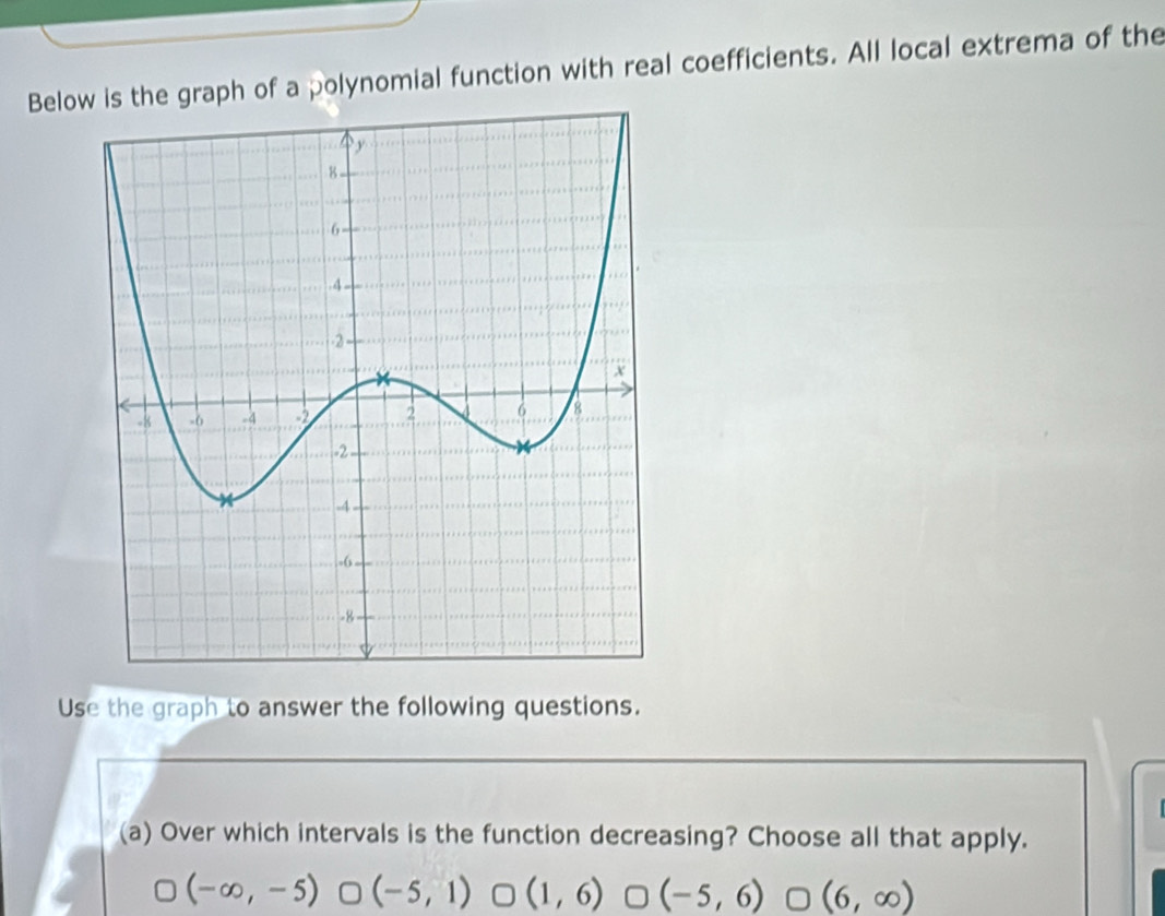 Belois the graph of a polynomial function with real coefficients. All local extrema of the
Use the graph to answer the following questions.
(a) Over which intervals is the function decreasing? Choose all that apply.
(-∈fty ,-5) (-5,1) (1,6) (-5,6) (6,∈fty )