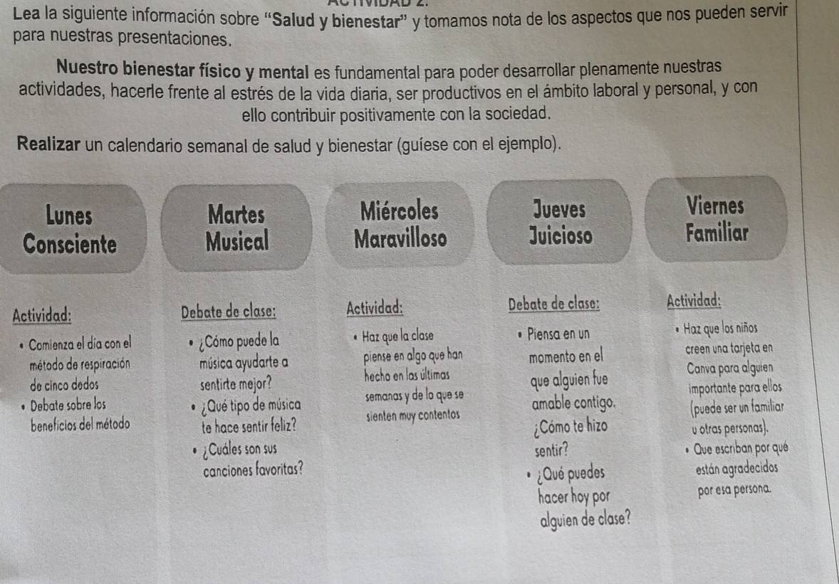 Lea la siguiente información sobre “Salud y bienestar” y tomamos nota de los aspectos que nos pueden servir 
para nuestras presentaciones. 
Nuestro bienestar físico y mental es fundamental para poder desarrollar plenamente nuestras 
actividades, hacerle frente al estrés de la vida diaria, ser productivos en el ámbito laboral y personal, y con 
ello contribuir positivamente con la sociedad. 
Realizar un calendario semanal de salud y bienestar (guíese con el ejemplo). 
Lunes Martes Miércoles Jueves Viernes 
Consciente Musical Maravilloso Juicioso 
Familiar 
Actividad: Debate de clase: Actividad: Debate de clase: Actividad: 
Comienza el día con el ¿Cómo puede la Haz que la clase * Piensa en un Haz que los niños 
método de respiración música ayudarte a piense en algo que han momento en el creen una tarjeta en 
de cinco dedos sentirte mejor? hecho en las últimas Canva para alguien 
Debate sobre los ¿Qué tipo de música semanas y de lo que se que alguien fue 
importante para ellos 
amable contigo. 
beneficios del método te hace sentir feliz? sienten muy contentos 
(puede ser un familiar 
¿Cómo te hizo 
υ otras personas). 
¿Cuáles son sus sentir? Que escriban por qué 
canciones favoritas? están agradecidos 
¿Qué puedes 
hacer hoy por por esa persona. 
alguien de clase?