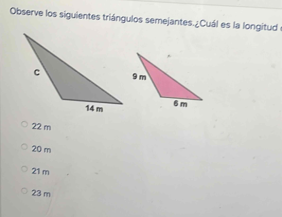 Observe los siguientes triángulos semejantes.¿Cuál es la longitud
22 m
20 m
21 m
23 m