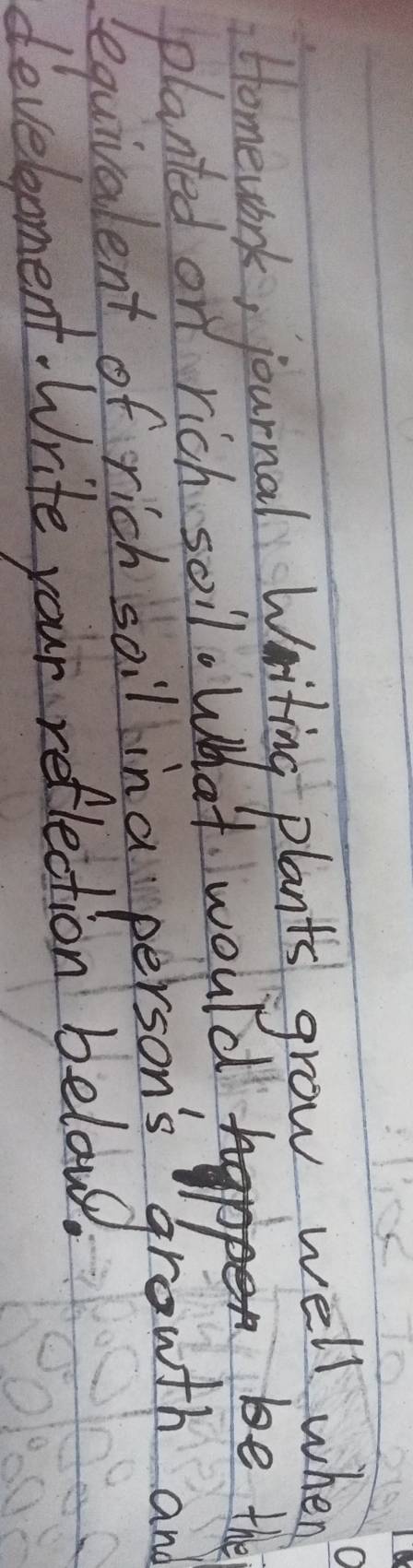 Homework, journal Writing plants grow well when 
planted on rich soil. What would 
be the 
equivalent of rich sail ina person's 
growth and 
development. Write your reflection below