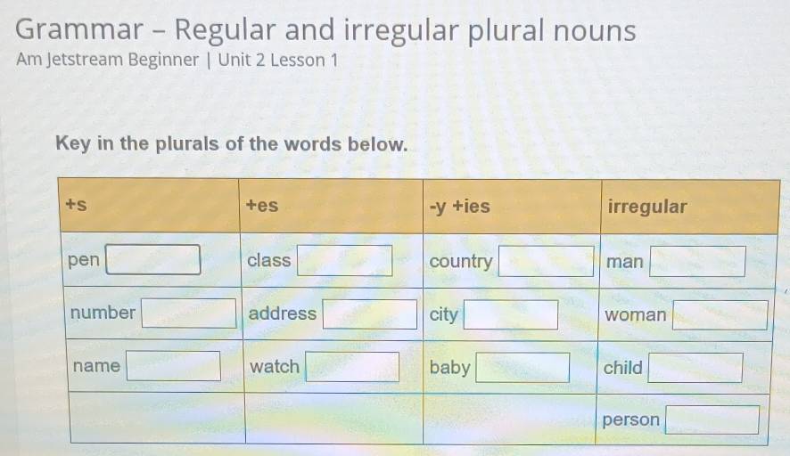 Grammar - Regular and irregular plural nouns
Am Jetstream Beginner | Unit 2 Lesson 1
Key in the plurals of the words below.