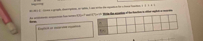 beguning 
1M1 C: Given a graph, description, or table, I can write the equation for a linear function. 1 2 3 4 5
An aritiumetic sequences has terms f(3)=7 and f(7)=1 9. Write the equation of the function in either explicit or recursive 
form 
n 
Explicit or recursive equation
f(n)