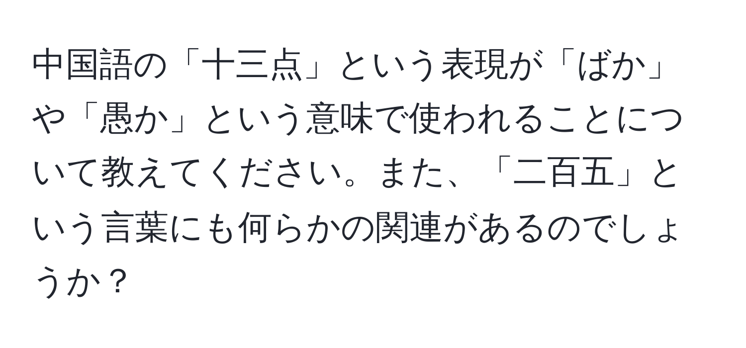 中国語の「十三点」という表現が「ばか」や「愚か」という意味で使われることについて教えてください。また、「二百五」という言葉にも何らかの関連があるのでしょうか？