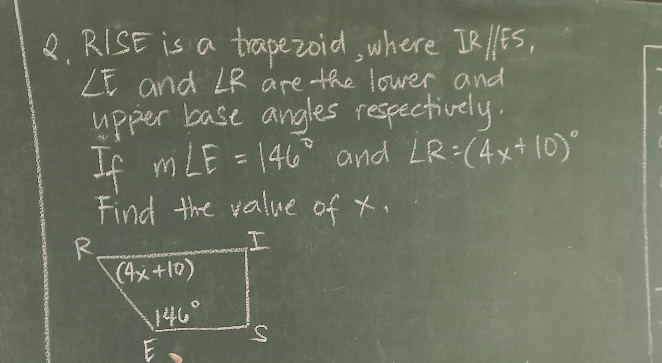 RISE is a trapezoid, where JRlles,
∠ beginarrayr F rendarray and If are the lower and
upper base angles respectively.
If m∠ E=146° and ∠ R=(4x+10)^circ 
Find the value of x.