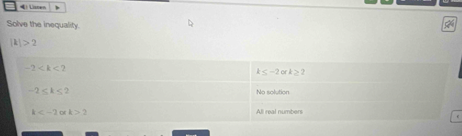 Listen
Solve the inequality.
|k|>2
